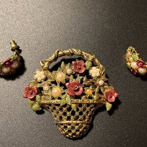 1928 BRAND FLOWER BASKET BROOCH WITH MATCHING EARRINGS